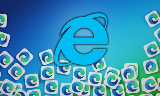 Internet Explorer logo surrounded by Microsoft Edge logos